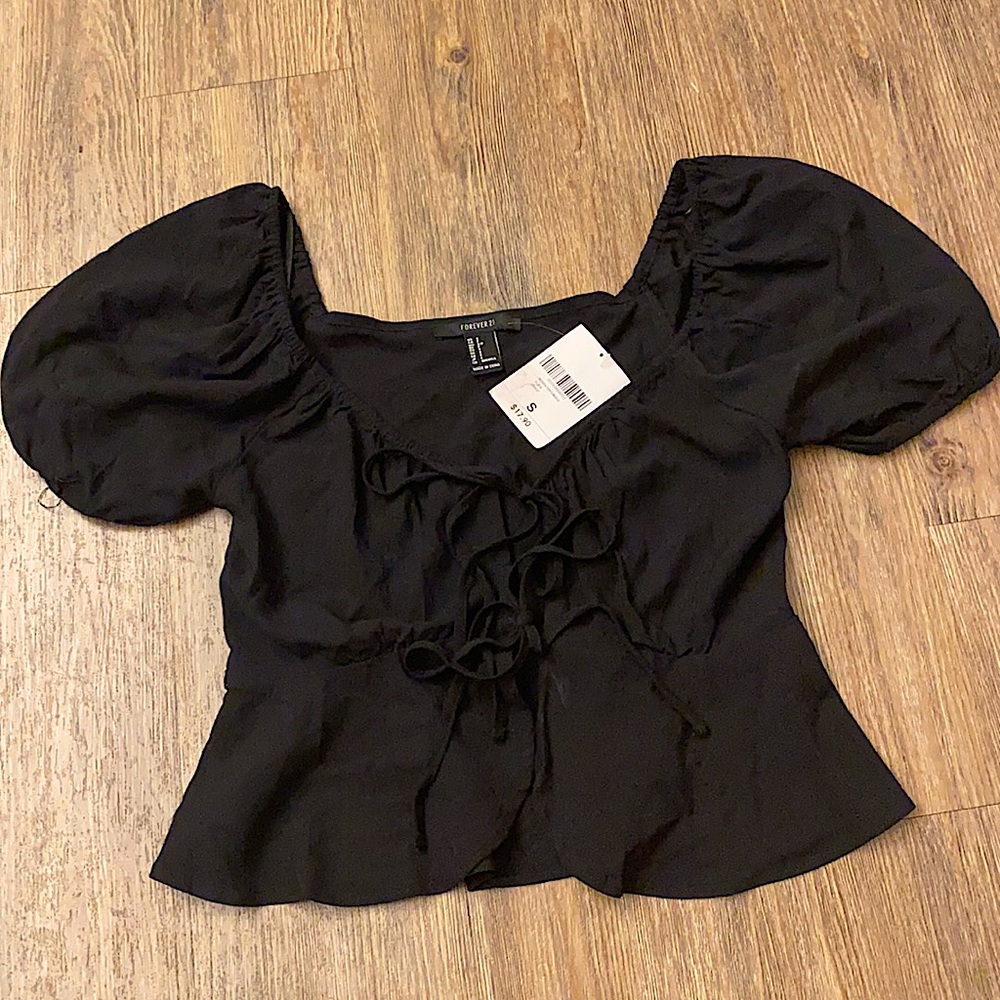 Front Tie Cropped Black Shirt